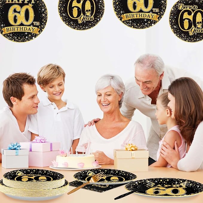 96Pcs 60th Birthday Party Decorations Vintage 1966 Birthday Plates and Napkins Black and Gold Tableware Sets Cheers to 60 Years Decorations for Mens Womens 60 Year Old Party Father's Day Serves 24