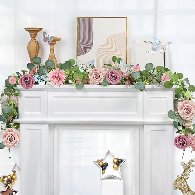 4 Pack 5.9 FT Artificial Flower Garland with Butterflies Fake Rose Garland Faux Greenery Eucalyptus Garlands for Wedding Table Backdrop Arch Centerpieces Decorations - DarkPink