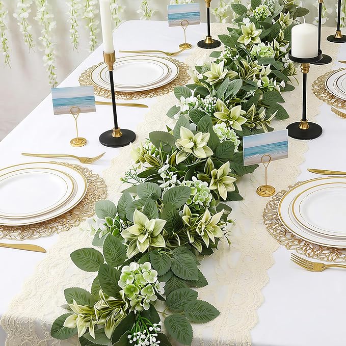 6FT Artificial Eucalyptus Garland with Flowers, Fake Greenery Vines Spring Ivy Leaves for Wedding Backdrop Arch, Table Centerpieces, Party, Home Room Party Indoor Outdoor Spring Decor