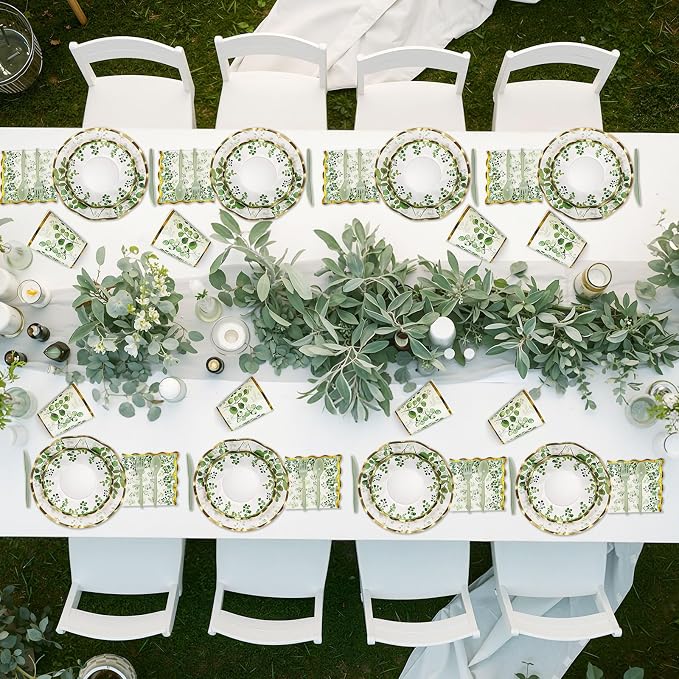 Ziliny 350 Pcs Sage Green Party Supplies Tableware Set Disposable 9'' 7'' Paper Plates 9 oz Cups Cutlery Napkins Dinnerware Set for Wedding, Bridal Birthday Serve 50 (Sage, Green, Gold)
