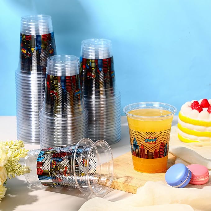 Funnymoom 60 Pack Plastic Hero Cups Comic Hero Birthday Party Decorations 12 oz Boom Pow Crash Zap Disposable Clear Plastic Cups Bulk for Comic Themed Birthday Party Decoration Favor Supplies