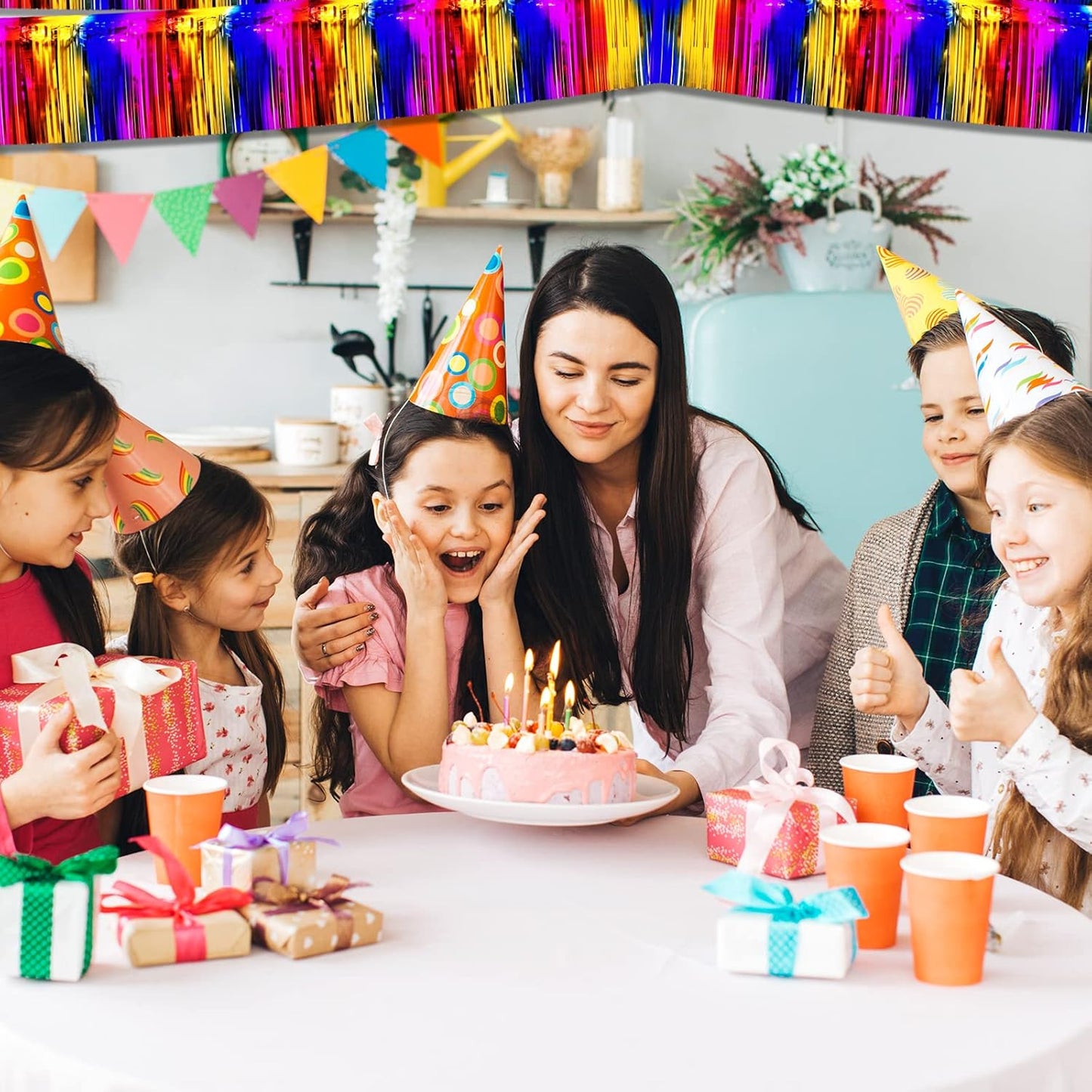 10 Pack 10 Feet Foil Fringe Garland Metallic Tinsel Streamers Banner Wall Hanging Curtain Backdrop for Parade Floats, Bachelorette, Wedding, Birthday, Halloween, Christmas Party Decorations(Rainbow)