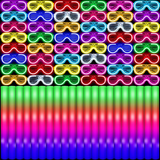 Oleitodh Glow in the Dark Party Supplies Set Bulk Neon Party Favor Toys Includes 30 Led Light up Glasses 10 Color 30 Light up Foam Sticks Bulk for Disco Wedding Birthday Concert Halloween Raves Party