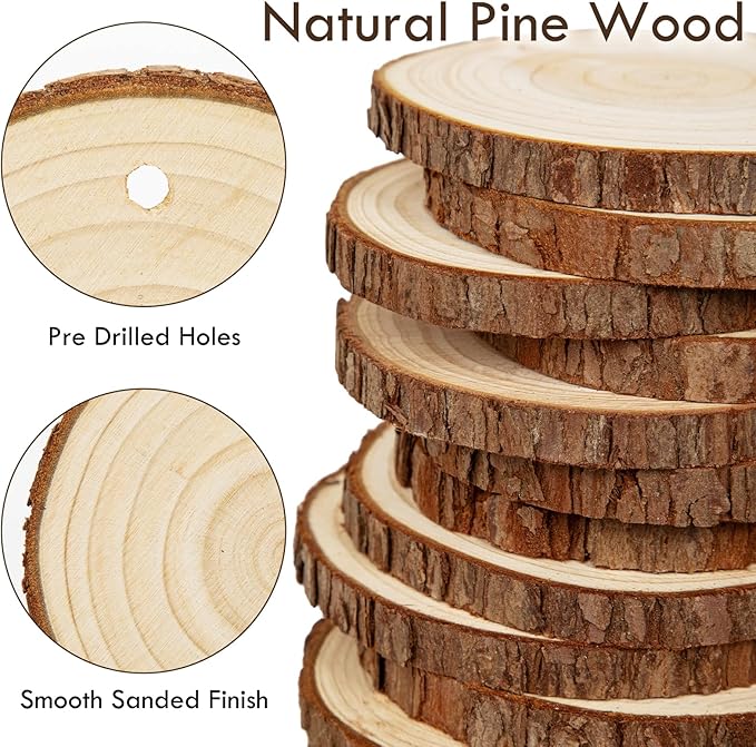 Unfinished Natural Wood Slices for Crafts - 30 Pcs Wood Slice Ornaments with Predrilled Hole & Twine String 2.7-3.1 Inch Round Wooden Circle Tree Slice for DIY Arts Craft Painting Gift Wedding Decor