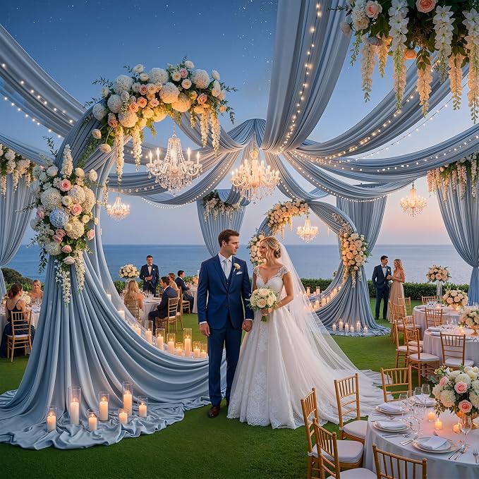 50ftx40ft Dusty Blue Ceiling Curtain for Wedding Parties – 10 Panels Wrinkle-Free 40 FT Long Tent Draping Curtains for Wedding, Birthday & Theme Parties, 40ft Height with Rod Pocket