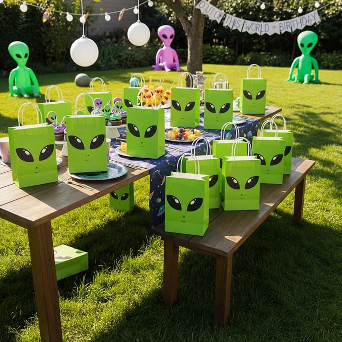 Tosstuki 24 Pcs Alien Gift Bags Alien Birthday Decoration Ufo Aliens Party Paper Bags with Handles for Kids Boys Girls Birthday Space Theme Celebrations Events Supplies