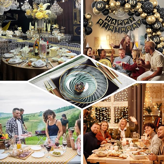 N9R 180 PCS Disposable Dinnerware Set with Gold Rim for 30 Guests,Green Plastic Plates Include 30 Dinner Plate, 30 Dessert Plates, 30 Cups, 90 Heavy Duty Gold Plastic Silverware for Party & Wedding