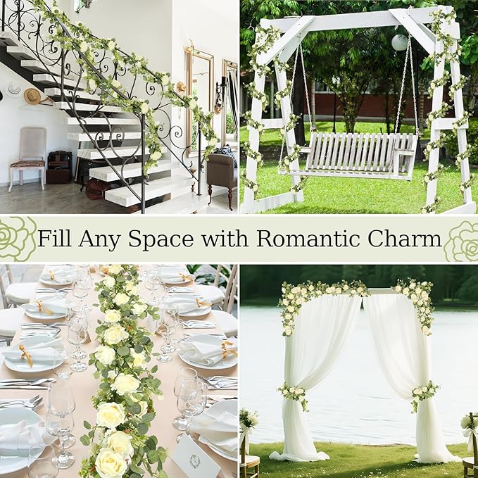 Lewondr Artificial Eucalyptus Garland with Flower - 8 Roses, 6FT Faux Floral Greenery Garlands Fake Flowers Vines, Maintenance-Free for Wedding Table Backdrop Party Centerpiece Room Decor, Champagne