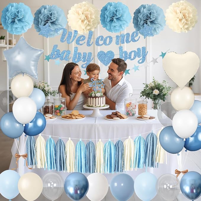 Dusty Blue Baby Shower Decorations for Boy, Welcome Baby Boy Banner Slate Light Metallic Blue White Sand Latex Balloons with Pom Poms Cake Topper Tassel for Boho Baby Shower Birthday Party Supplies