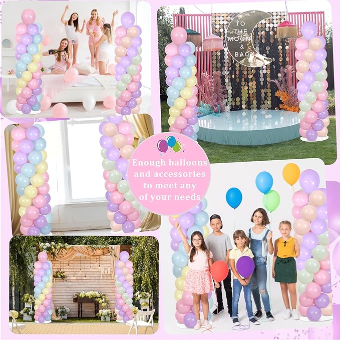 2 Sets Pastel Balloon Column Stand Kit with 100 Balloons Spring Mother's Day Adjustable Balloon Tower Stand with Bases for Floor Macaron Column for Graduation Birthday Rainbow Party Wedding Decor