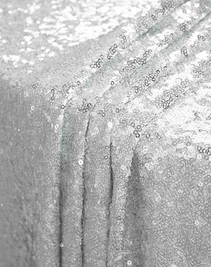 Eternal Beauty Silver Tablecloth, 50x50 Inch Sequin Square Glitter Table Cover for Cake Dessert Exhibition Party Birthday Events