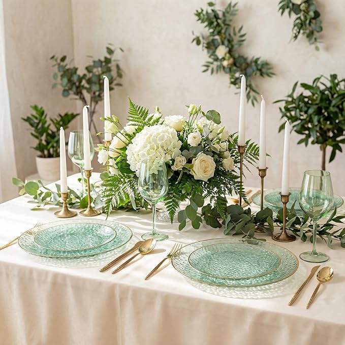 I00000 150Pcs Clear Green Plastic Plates with Gold Rim,Green Disposable Plates,Clear hammer patterned plates Set include 30 Dinner Plate,30 Dessert Plate,90 plastic Silverware Set for Party