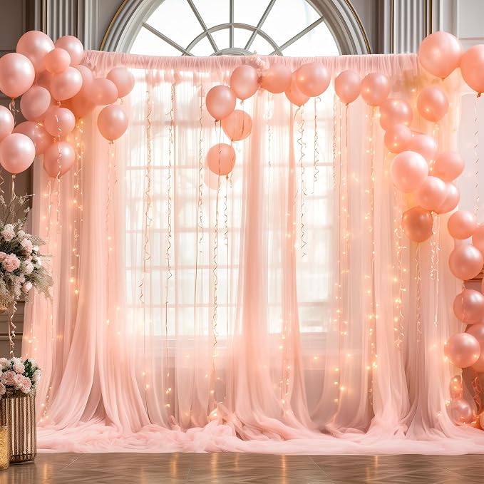 10x10ft Peach Tulle Backdrop Curtain with Lights String for Parites, Sheer Photo Backdrop Curtains with Lights for Wedding Backdrop Ceremony Reception Bridal Shower Baby Shower Birthday Party