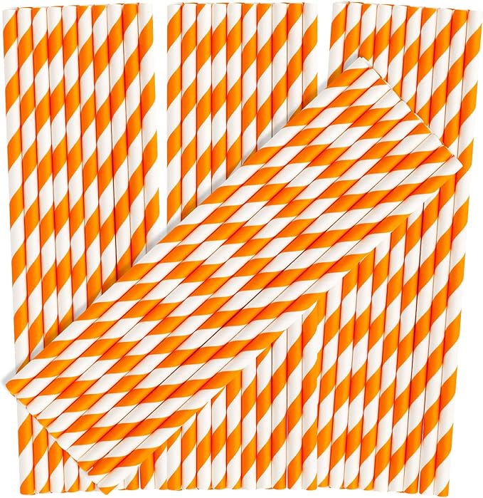 200 Pack Orange Straws Biodegradable Orange and White Paper Straws Disposable Striped Straws for Halloween Bridal Shower Birthday Summer Pool Party Decoration Supplies