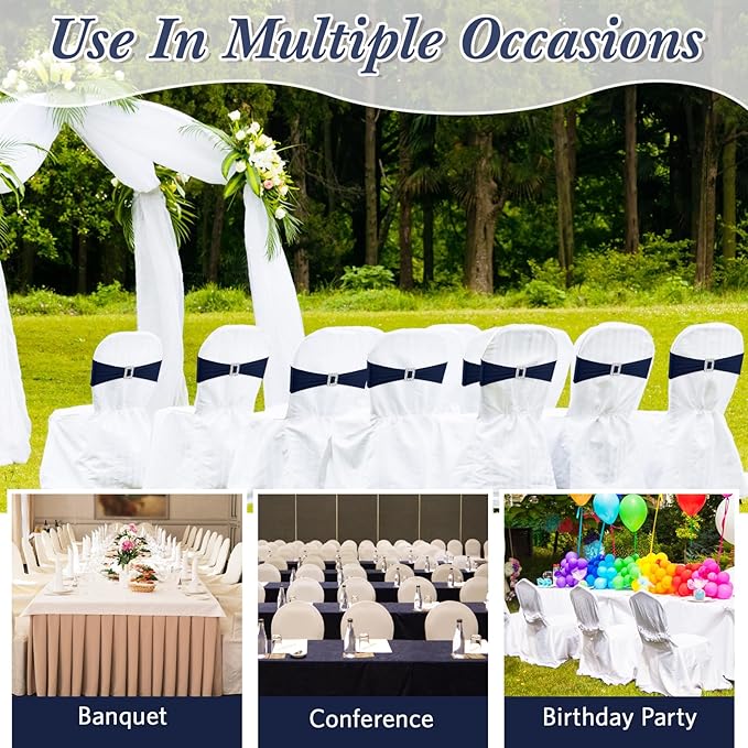 VitalCozy 150 Pcs Spandex Chair Sashes with Square Buckle Slider Stretch Chair Cover Band Universal Elastic Ties Straps Bows for Wedding Banquet Event Party Decoration(Navy Blue)