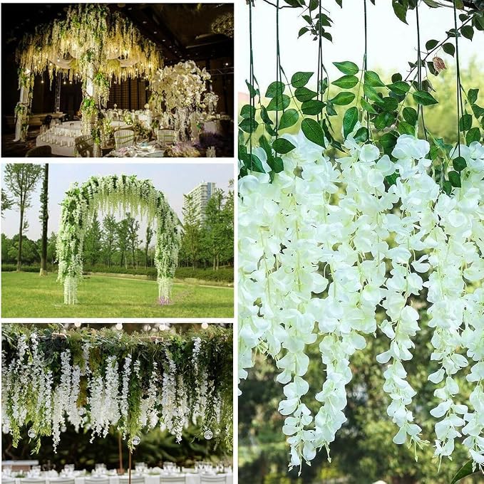 Artificial Wisteria Hanging Flowers Fake Wisteria Flower Garland Silk Vines Rattan Decor for Home Wedding Arch Wall Garden Greenery Bedroom Outdoor Office Party Decoration (24, White)