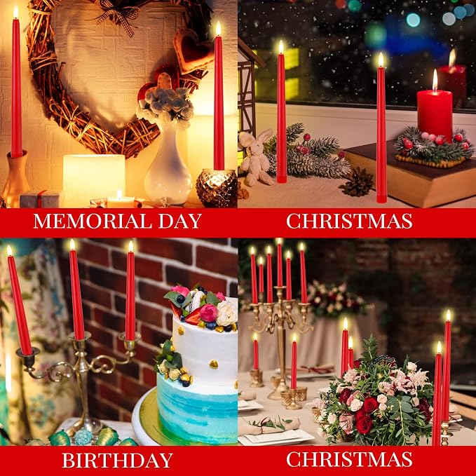 Macarrie 24 Packs Flameless Taper Candles Battery Operated Fake 11 Inch Long Candlelight LED Flameless Candlesticks Flickering Tapered for Summer Fall Wedding(Red)