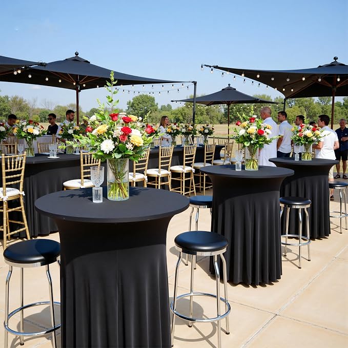 4 pk Black Cocktail Table Cloth Round 32×43in-High Top Highboy Bar Cocktail Tablecloths-Wrinkle Free Stretchy Fitted Spandex Table Covers with Ruffle Desk Skirt for Wedding Banquet Party Tables