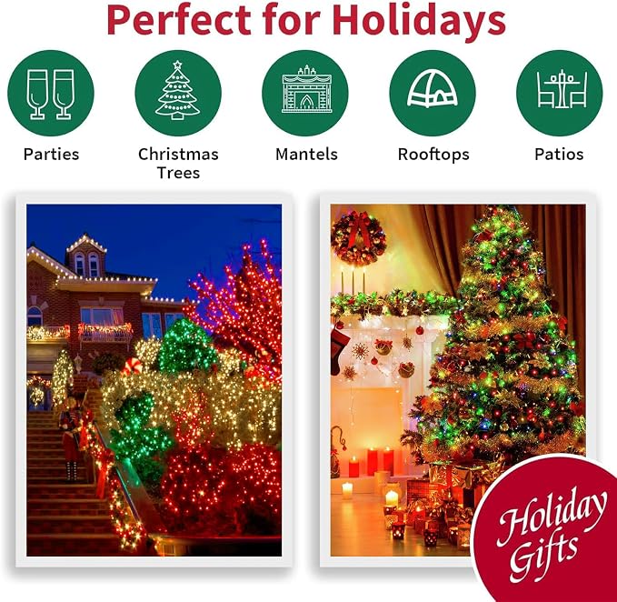 LAMPHOME 66FT 200 LED Christmas String Lights, Red Green & Warm White Fairy Lights, 16 Lighting Modes Plug in Waterproof Mini Lights, Indoor Outdoor Xmas Tree Garden Patio Wedding Party Bedroom Decor