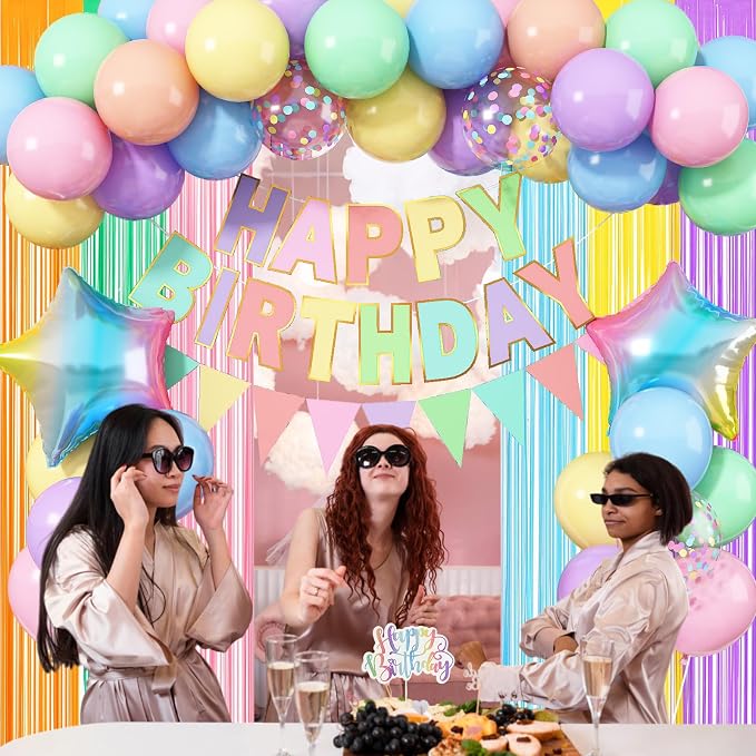Jobkoo Pastel Birthday Decorations for Girls, Macaron Rainbow Pastel Color Balloons Reusable Happy Birthday Banner Sign Fringe Curtain Backdrop Cake Toppers for Kid Spring Baby Shower Party Decoration