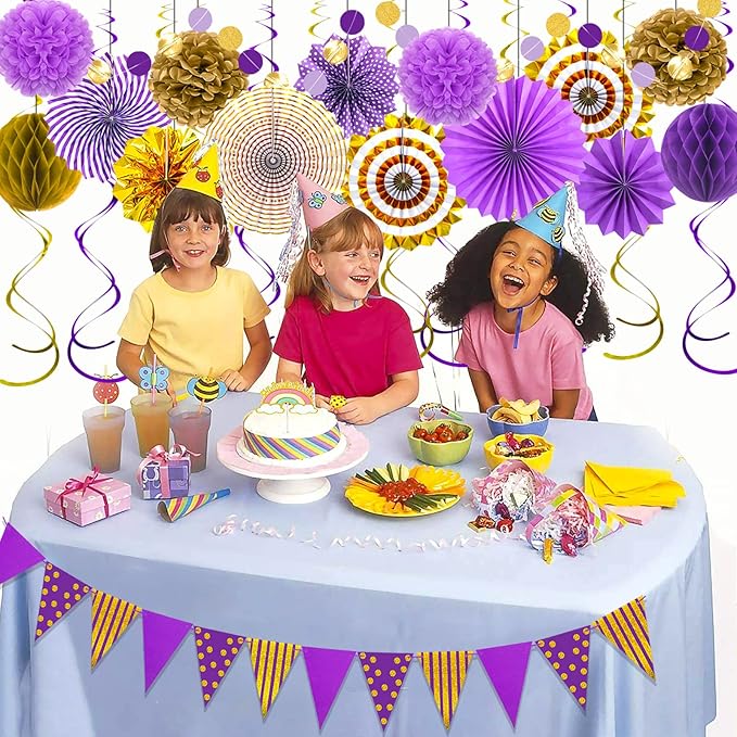 Purple Gold Party Decorations, Graduation Season Hanging Glitter Triangle Flags Banner Paper Fan Tissue Pom Poms Garlands, Women Girl Party, Bridal Shower, Purple Themed Birthday