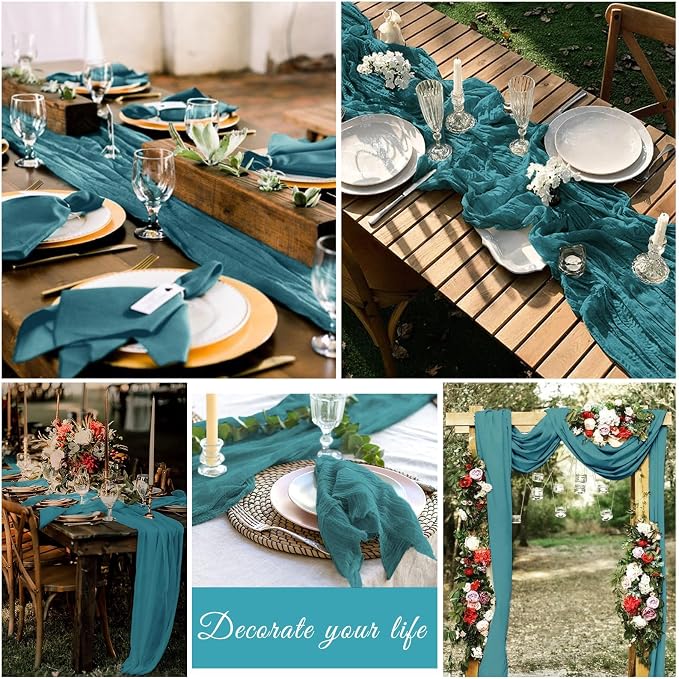 20 Pack Cheesecloth Table Runner 17 x 108 inch Long Boho Gauze Table Runners Semi Sheer Table Runner for Wedding Decor, Baby Shower, Birthday Party, Banquet (Teal)