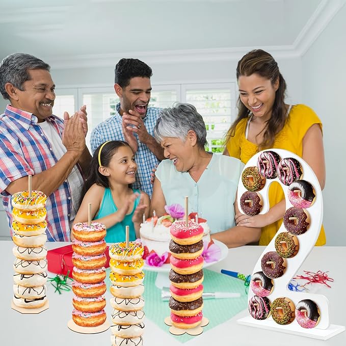 5 Pcs Donut Stand Set, Doughnut Party Supplies Include 1 Pc Digit Donut Wall Display Stand, 4 Pcs Doughnut Wall, for Birthday Wedding Baby Shower Party (White number 2)