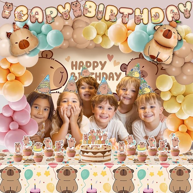 Capybara Birthday Party Decorations - 99pcs Balloons Garland Kit, Capybara Backdrop, Capy Birthday Banner, Tablecloth, Foil Balloons, Capybara Cake and Cupcake Toppers