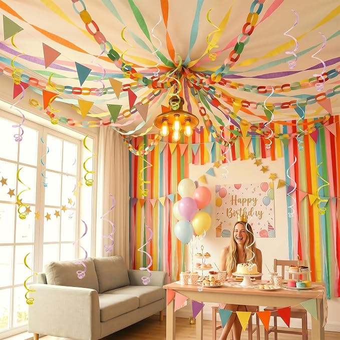345pcs Colorful Birthday Decoration Fancy Paper Chains Crepe Paper Streamers Pennant Banner Flags Gold Star Garlands Hanging Swirls Pastel Balloons for Wedding Graduation Birthday Baby Shower Decors