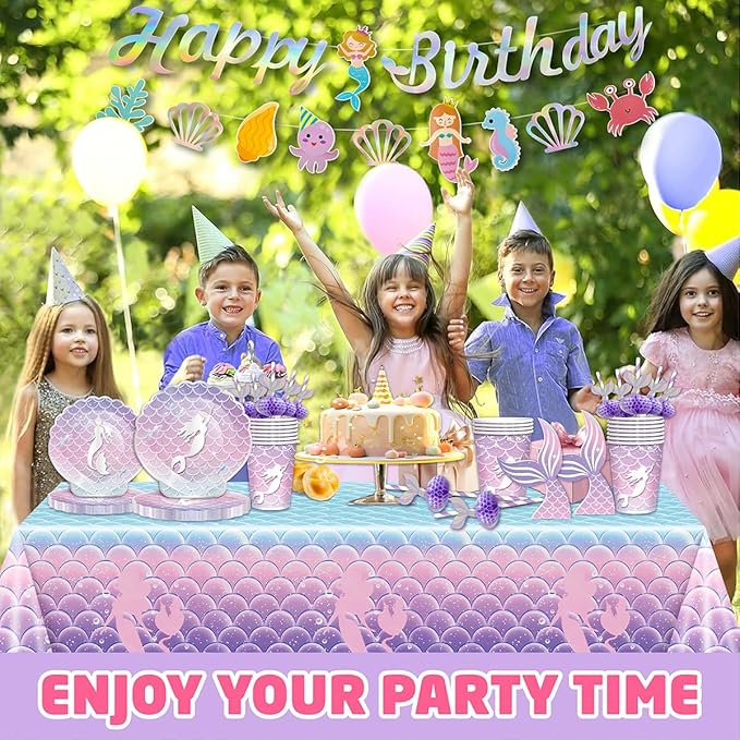 146Pcs Shell Plates and Napkins Iridescent Mermaid Party Supplies Includes Plates, Napkin, Fork, Cup, Straw, Tablecloth, Banner Seashell for Under the Sea Birthday Party Decorations, Serves 24