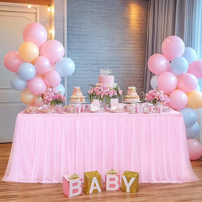 HB HBB MAGIC Baby Pink Table Cloths 8 Foot Rectangle Tulle Table Skirt Rectangle Tables 8ft Fitted Spandex Table Covers Stretch Elastic Banquet Birthday Party Baby Shower Wedding Table Cloths