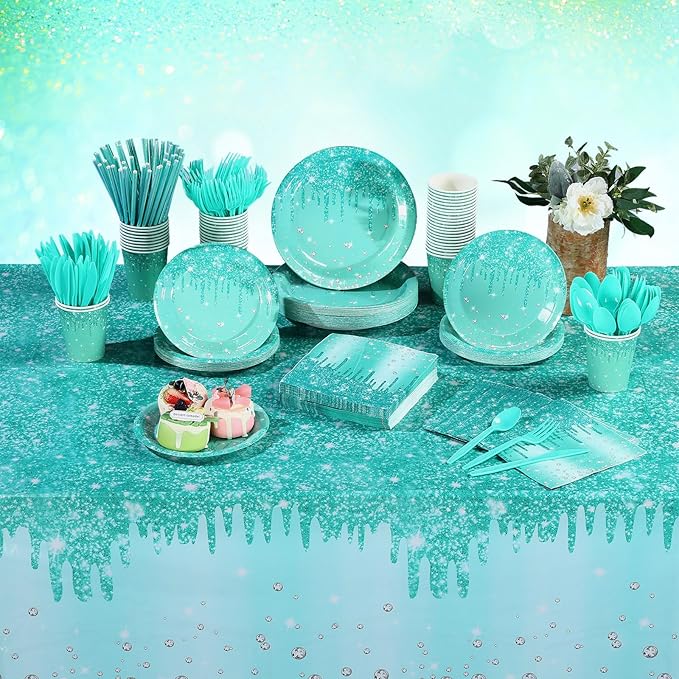 Funnymoom 452 Pcs Teal and Silver Birthday Party Decoration, Glitter Teal Paper Plates and Napkins Cups Tablecloth Cutlery Straws Turquoise Disposable Tableware Set for Women Birthday Supplies