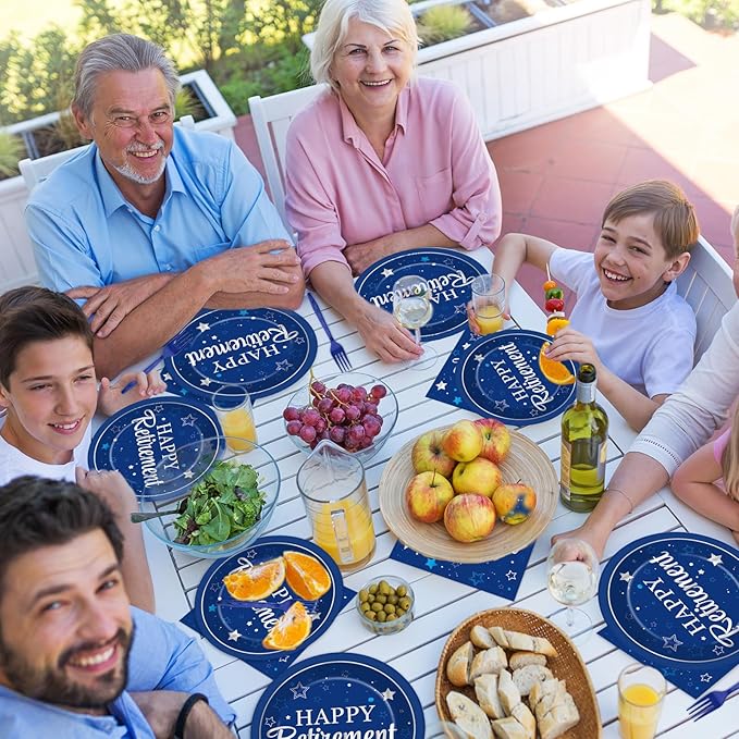 Qyeahkj 50 Guests Retirement Plates and Napkins Party Supplies Happy Retirement Party Decorations Disposable Tableware Set Sliver Blue Dinnerware Favor for Women Men Graduations Theme Party, 200PCS