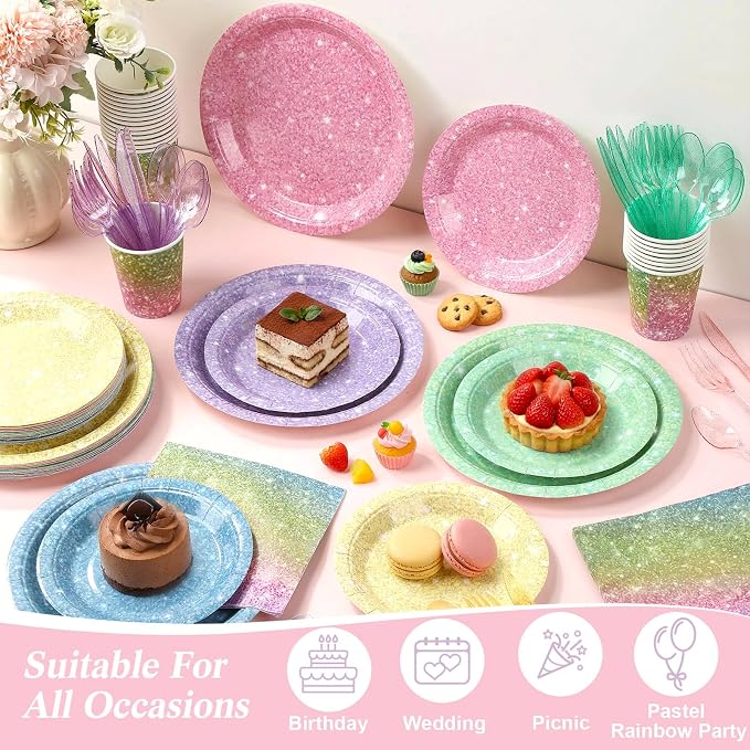 Hushee 350 Pcs 50 Guests Pastel Rainbow Paper Party Plates and Cups Napkins Sets Holographic Glitter Disposable Dinnerware Plastic Forks Knives Spoons Birthday Bachelorette Wedding Party Supplies