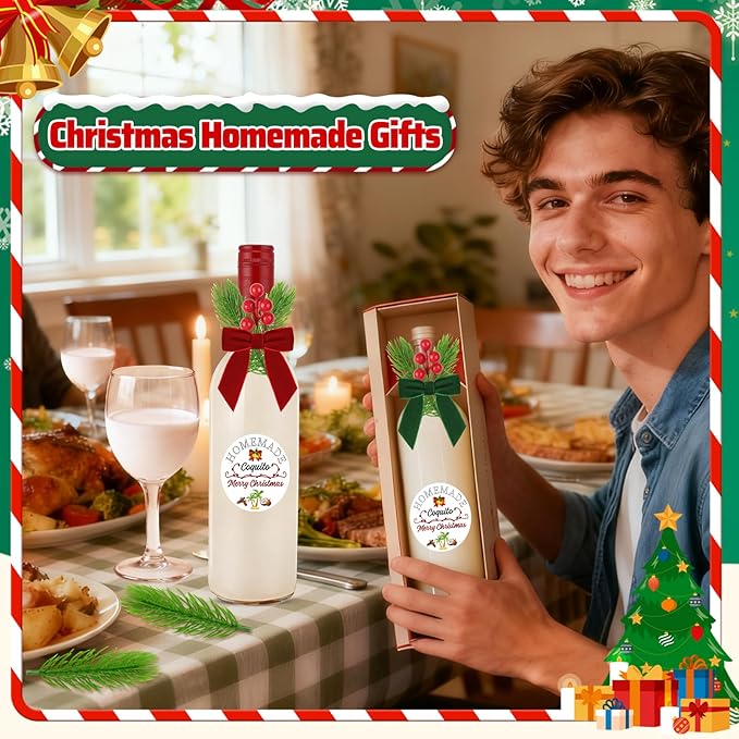 121 Pcs Christmas Coquito Wine Bottle Label Stickers Set,24Coquit Label Stickers 24 Velvet Bows 48 Pine Branches and Berry Stems for DIY Craft Xmas Party Dinner Table Decoration (No Wine Bottle)
