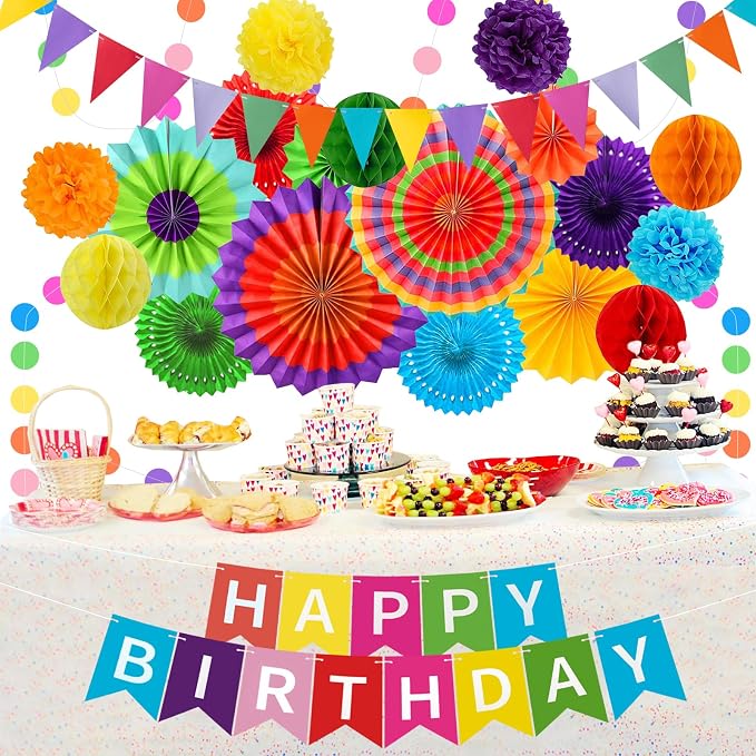 Colorful Birthday Decorations Mexican Fiesta Party Decorations Supplies | Happy Birthday Banner Paper Fans Paper Pom Poms Dots Garland Pennant Banner Honeycomb Balls Packs cinco de mayo Festive