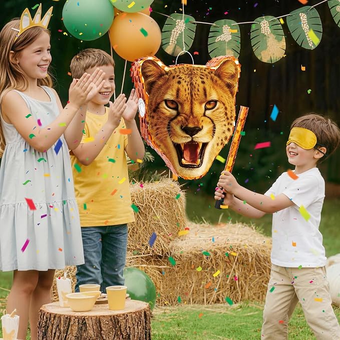WERNNSAI Cheetah Piñata - Cheetah Party Decorations Jungle Leopard Piñata with Blindfold and Bat for Kids Boys Birthday Classroom Party Game Supplies Safari Birthday Decorations