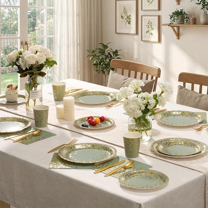 Goodlluck 175PCS Sage Green Gold Foil Polka Dot Disposable Party Tableware Set, 25 Guests | 9" & 7" Golden Dot Disposable Paper Plates, 9oz Cups, Napkins & Gold Cutlery for Baby Shower Birthday