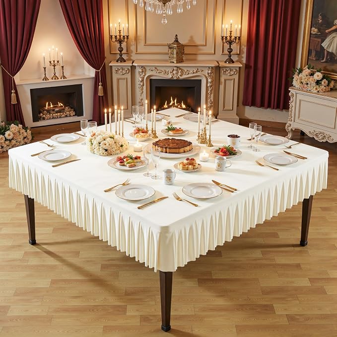 Shillance 54x54 Inch Ivory Spandex Square Tablecloth, Wrinkle Free Ivory Fitted Table Cloth for Square Tables,Washable Pleated Table Cover for Wedding Birthday Cocktail Party Buffet Dinner Camping