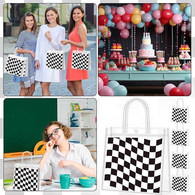 Supervitae 36 Pcs Checkered Racing Clear Favor Bags with Handle Reusable Plastic PVC Gift Bag Race Car Goodies Treats Wrap Totes for Birthday Wedding Graduation Party Supplies, 8 x 8 x 3.15 Inch
