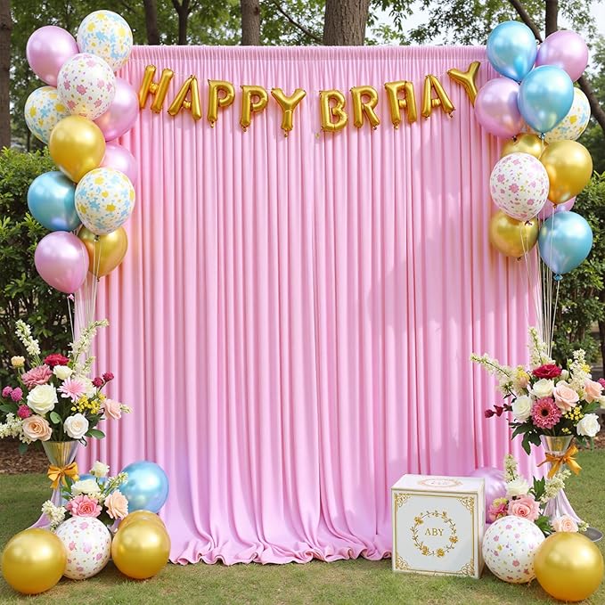 10ft x 10ft Wrinkle Free Pink Backdrop Curtains for Parties, Polyester Baby Pink Backdrop Drapes 2 Panels 5x10ft for Wedding Girl Birthday Party Photography Background