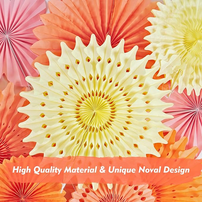 11 PCS Paper Flowers Decorations for Wall Orange Pink Paper Fans Floral Hanging Decoration for Backdrop Birthday Classroom Baby Shower Wedding Bridal Bachelorette Party Decor