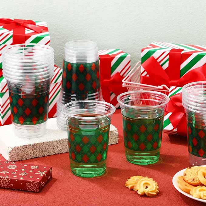 100 Pack Red and Green Plaid Plastic Cups 16 oz Disposable Checkered Spring Party Cups Bulk for Picnic Rustic Birthday Party Baby Shower Supplies