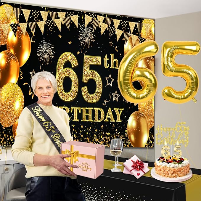 65th Birthday Decorations Men Women with 65th Birthday Banner, Black and Gold Table Cloth, Number Balloons, Large Sash, Cake Topper and Candles