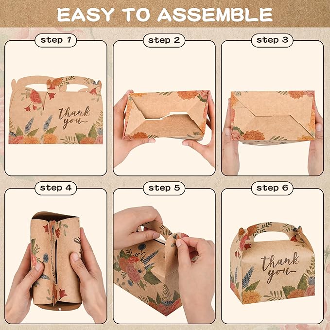 DjinnGlory 36 Pack Brown Kraft Party Favor Treat Boxes for Wedding, Bridal Shower, Annivesary, Christmas and all Occasion, Floral Thank You Gable Boxes for Small Business 6.18x3.58x3.39 Inches