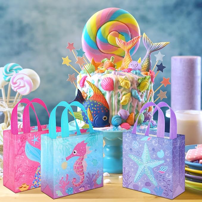 Sweetude 40 Pcs Mermaid Gift Party Favor Bags with Handle, Non Woven Goodie Bags Birthday Favor for Birthday Baby Shower Packaging Supplies