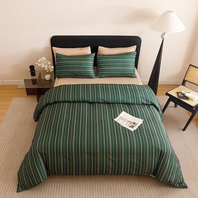 KAREVER Green Stripes Comforter Queen Vertical Ticking Striped Dark Green Bedding Set Durable Chic and Stylish Bedroom Set