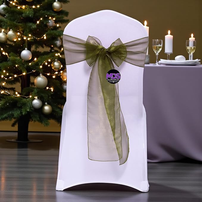 MDS® Pack of 200 Organza Chair Sashes for Wedding Decoration, Reusable Sheer Chair Bows for Banquet Chair Cover, Reception, Bridal Shower, Baby Shower, Birthday Party & Special Events - Olive Green
