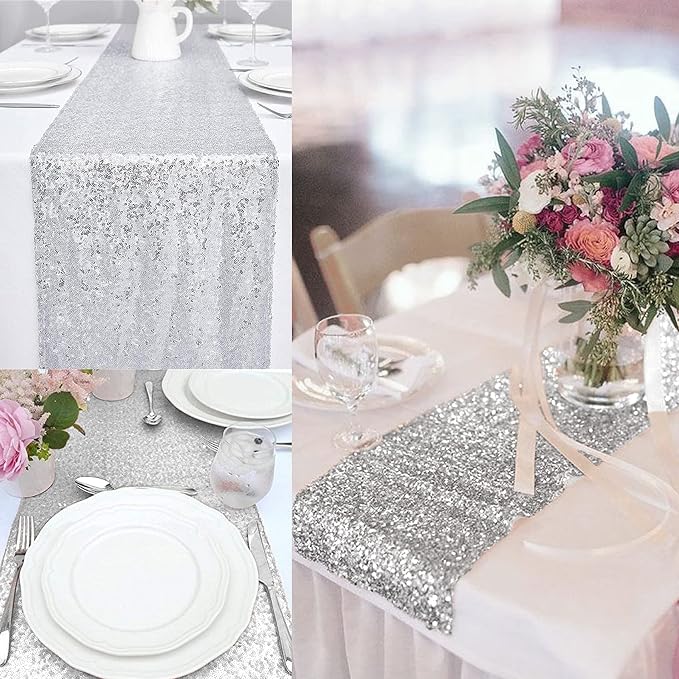 12 Packs 12 X 72 Inch Silver Sequin Table Runner Glitter Dining Table Runner for Birthday Wedding Engagement Bridal Baby Shower Bachelorette Holiday Celebration Party Supplies Decorations (Silver)