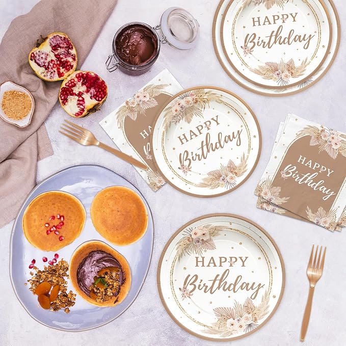 Grencian 96PCS Boho Birthday Party Decorations Boho Birthday Plates and Napkins Disposable Bohemian Pampas Grass Floral Paper Tableware Set for Girls Women Happy Birth-day Party Supplies, Serves 24